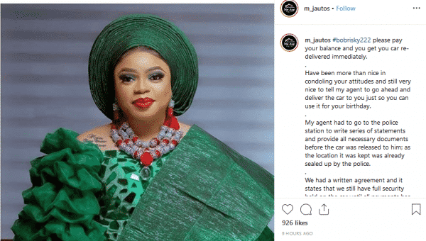 Lagos car dealer seizes Bobrisky car