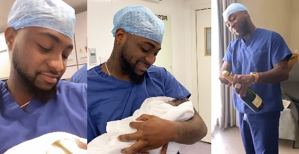 Video: Moment Davido introduced his son, popped bottle of Champagne and ‘got himself wasted’, after birth of his son.