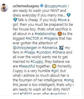 I will wash your pant, If you marry me – Actor, Uche Maduagwu tells DJ Cuppy