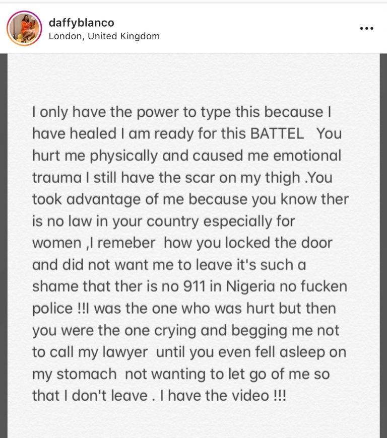 Peruzzi raped me, collected N15million from me – Daffy Blanco claims