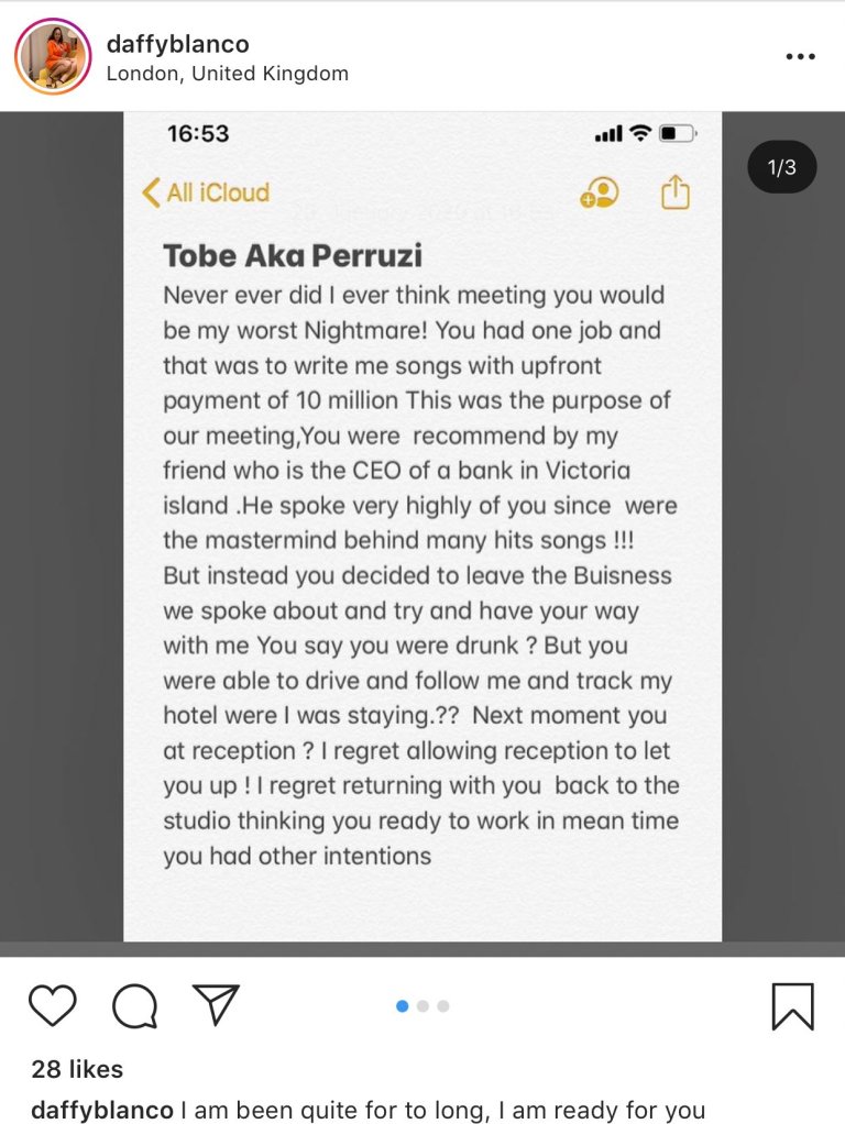 Peruzzi raped me, collected N15million from me – Daffy Blanco claims