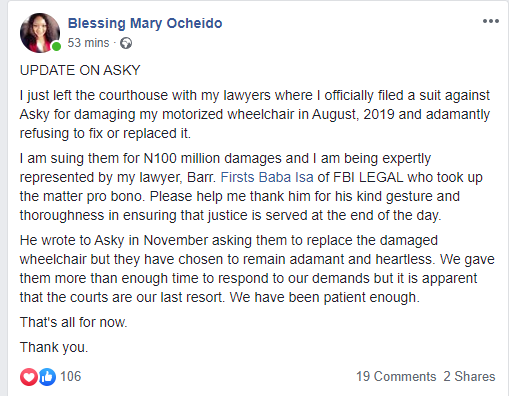 Nigerian lady sues airline