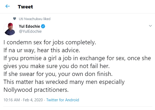 I condemn sex for jobs completely, it has wrecked many men...