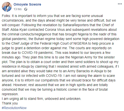 Omoyele Sowore accuses FG 