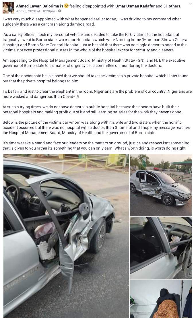 “Nigerians are more wicked and dangerous than Covid-19” – Road Safety Officer says after he rushed accident victims to two hospitals but was told no doctor was around 5
