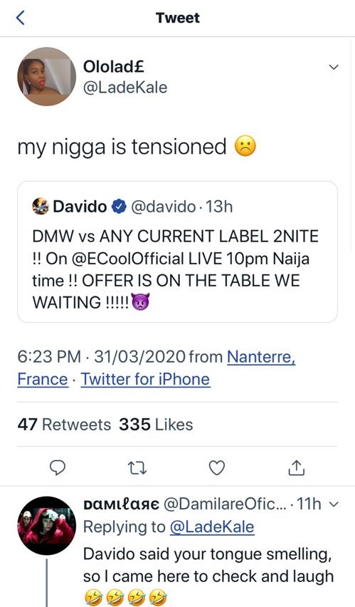 Davido lashes follower