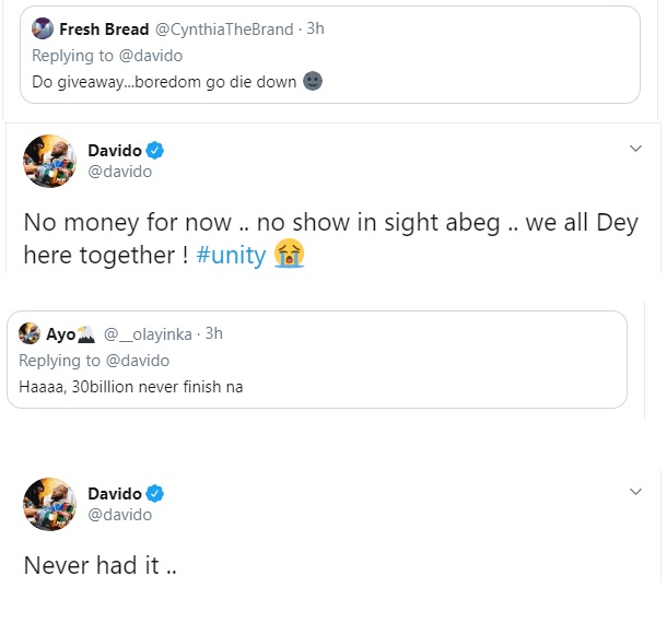 Davido claims he has run out of money, says he never had the 30 Billion. 1