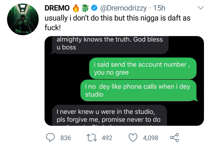 Dremo shares hilarious chat