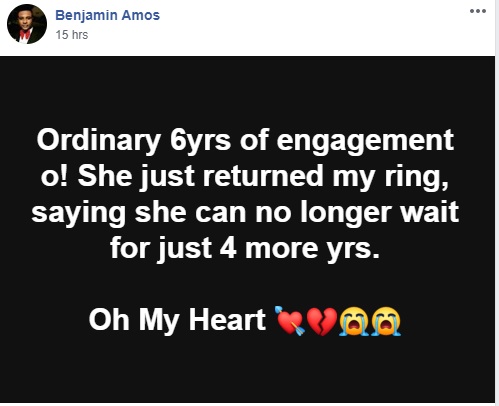 "She Returned The Ring After Only 6 Years Of Engagement" – Heartbroken Man Cries