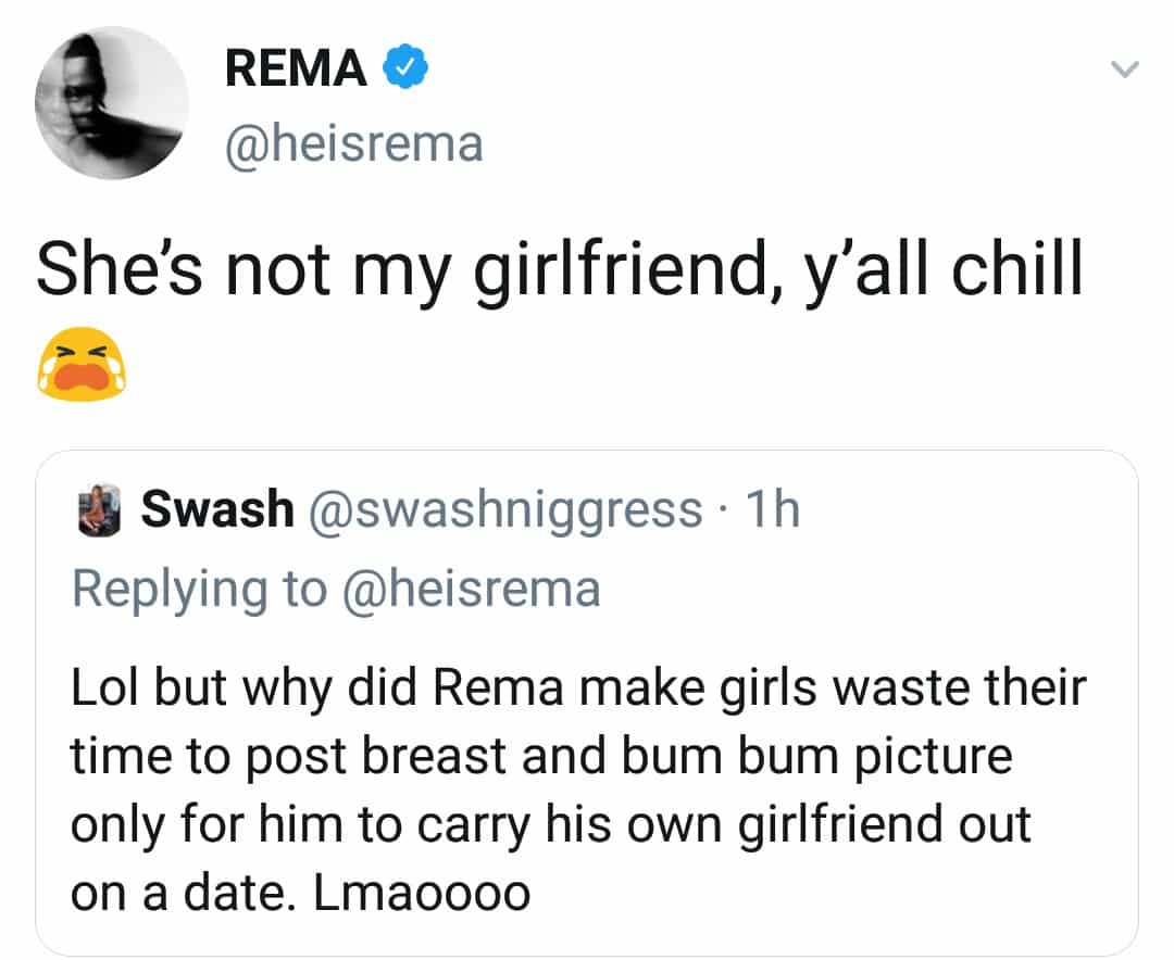 She's Not My Girlfriend - Rema Replies Fans About The Girl He Took On a Date