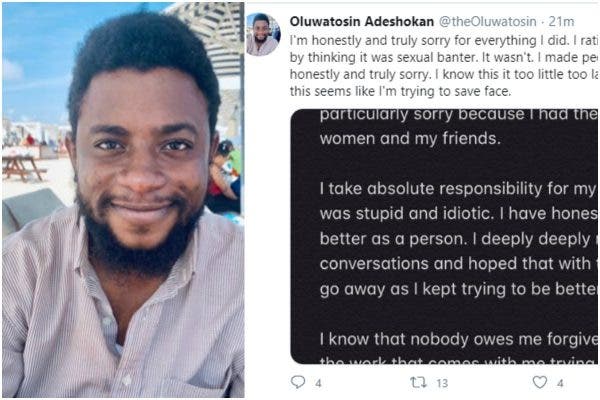 Oluwatosin Adeshokan apologises