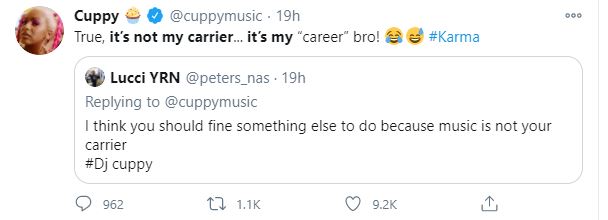 Dj Cuppy Savagely Replies