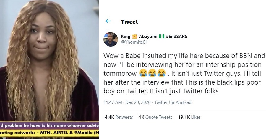 Nigerian man who is to interview a lady for a job, promises to remind her of the damning insult she gave him during BBN