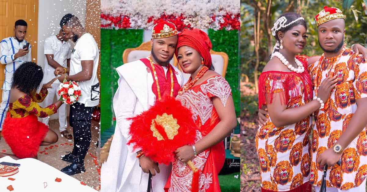 Nigerian lady finally weds her lover after she knelt down to accept his proposal because he chose her “after seeing plenty v*gina”