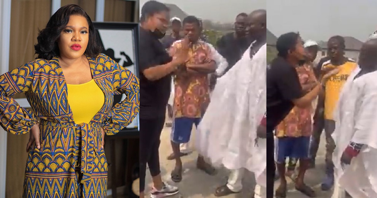 Nigerians react as video of Toyin Abraham exchanging words with ‘area boys’ surfaces