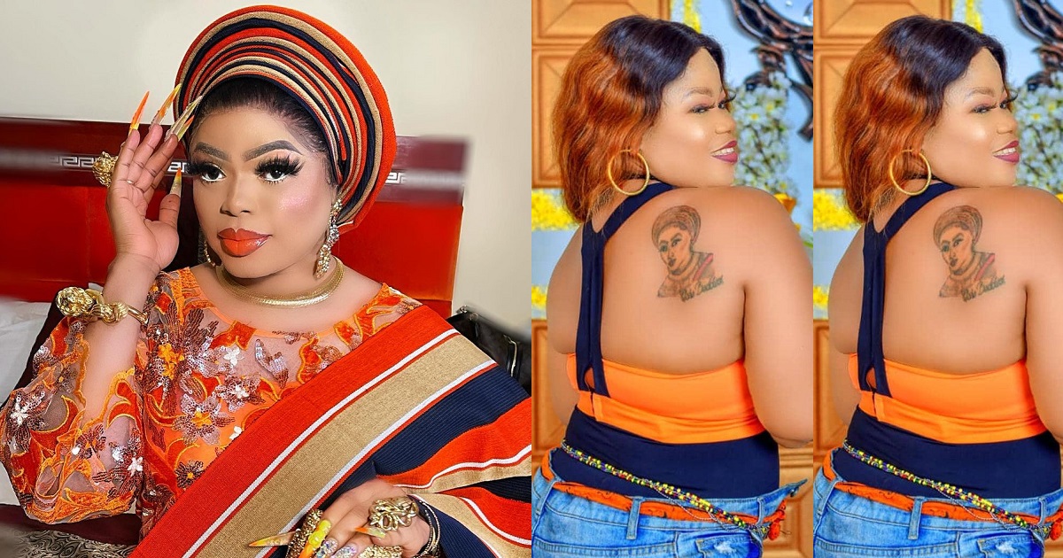 Die-hard fan tattoos Bobrisky’s face on her back, he reacts