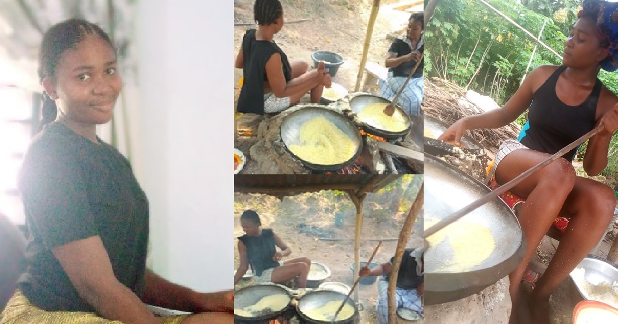 Nigerian lady who fries yellow garri for a living showcases her work with pride (Photos/Video)