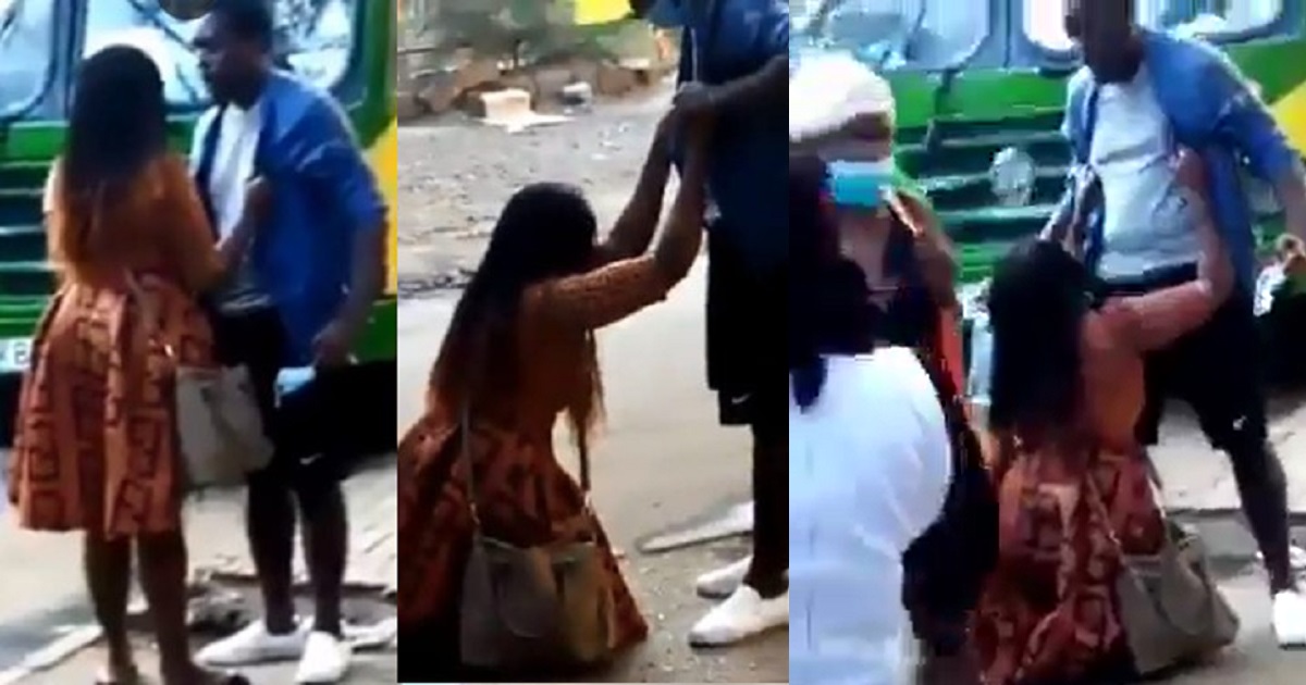 Lady goes on her knees and cries uncontrollably while begging her man after he reportedly dumped her (Video)