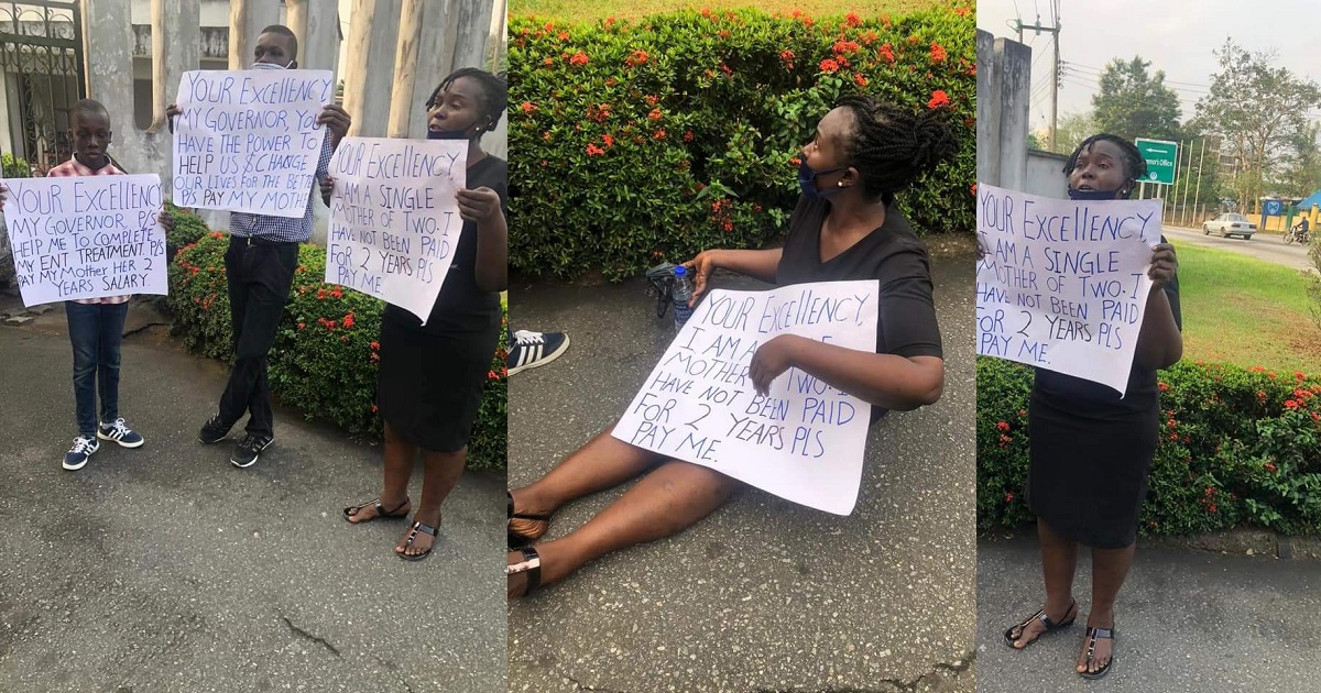 “I am a single mother, please pay me” – Magistrate and her two children protest in front of Governor Ayade’s office over alleged non-payment of 2 years salary