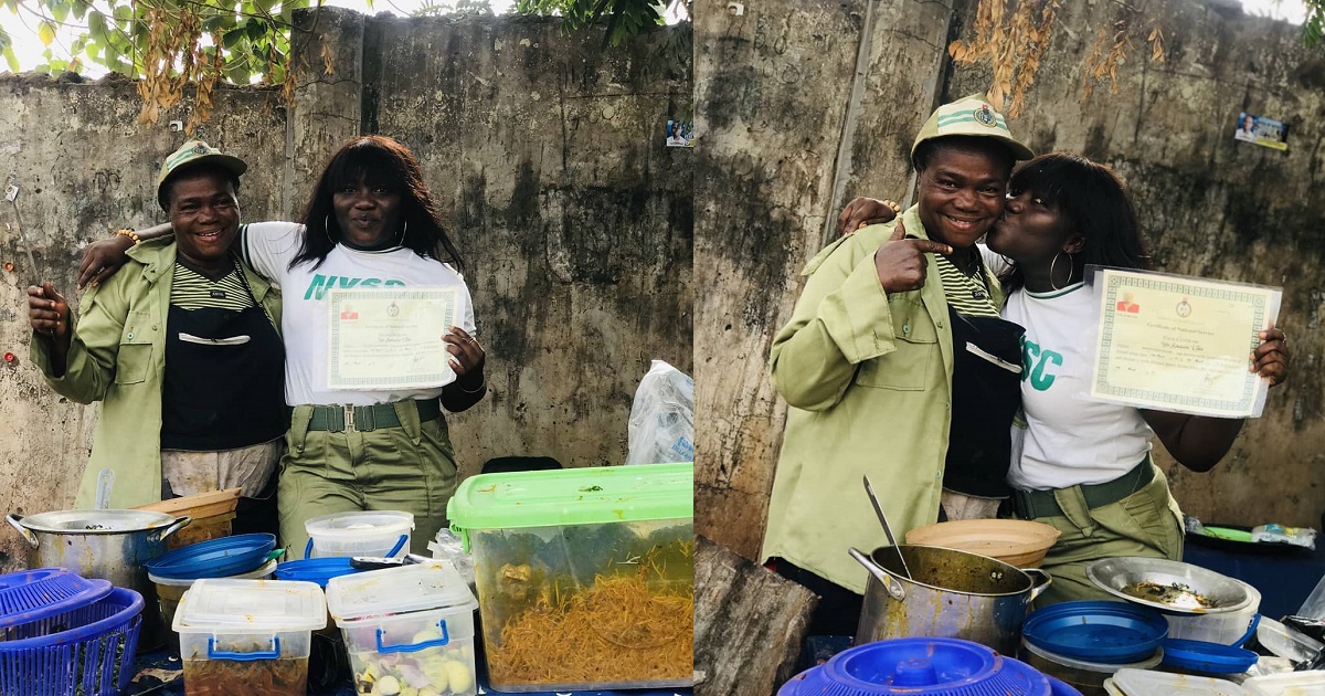 Lady celebrates with her mom as she completes NYSC scheme.
