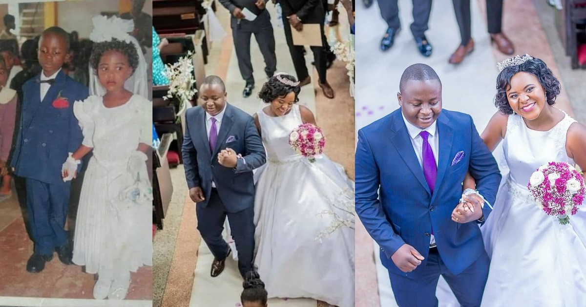 Couple get married years after walking down the aisle together as ring bearer and flower girl (Photos)