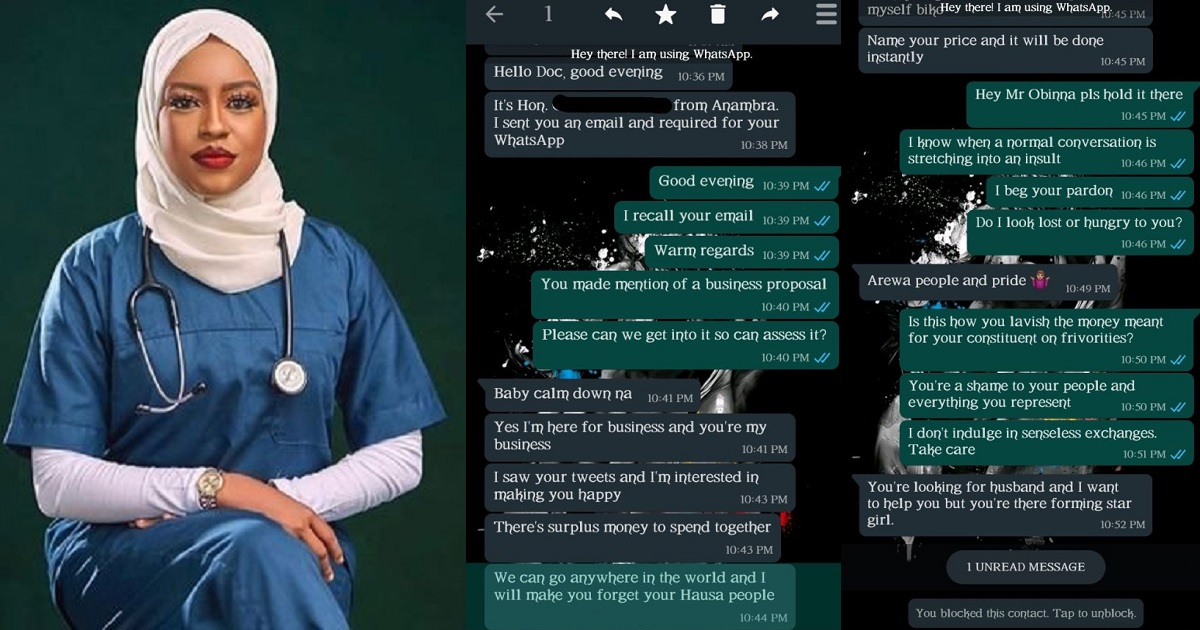 Doctor exposes alleged Anambra lawmaker who promised to spoil her because ”there’s surplus money to spend”