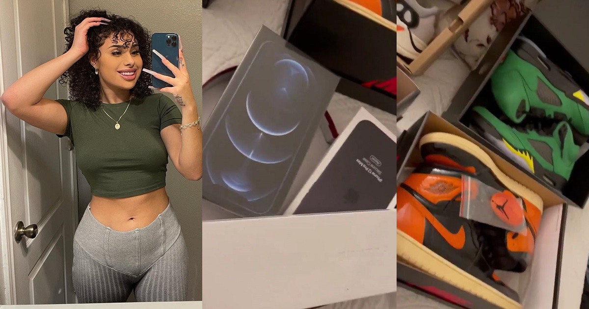 Lady shows off six sneakers, two new iPhone 12 Pro Max and other items she allegedly bought as first Valentine’s gift for her man (Video)