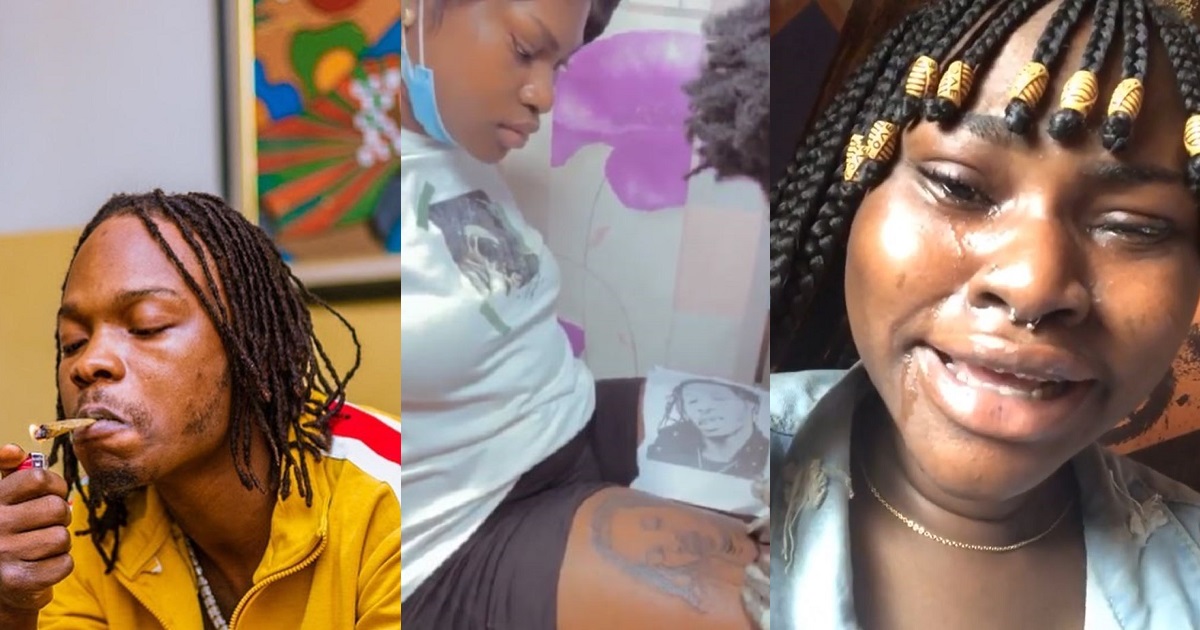Nigerian lady who tattooed Naira Marley’s face on her laps, breaks down in tears after he followed her (Video)