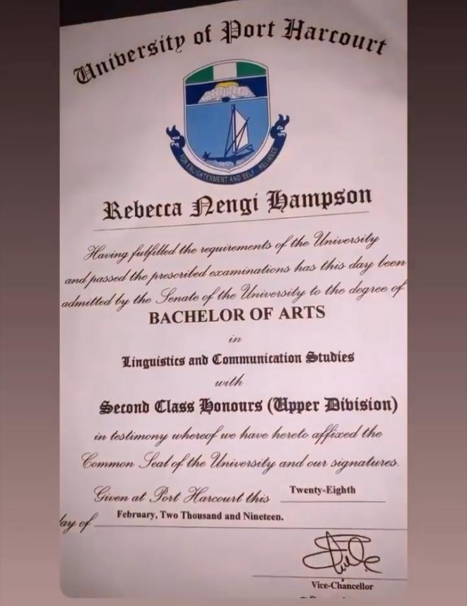 Nengi's original certificate