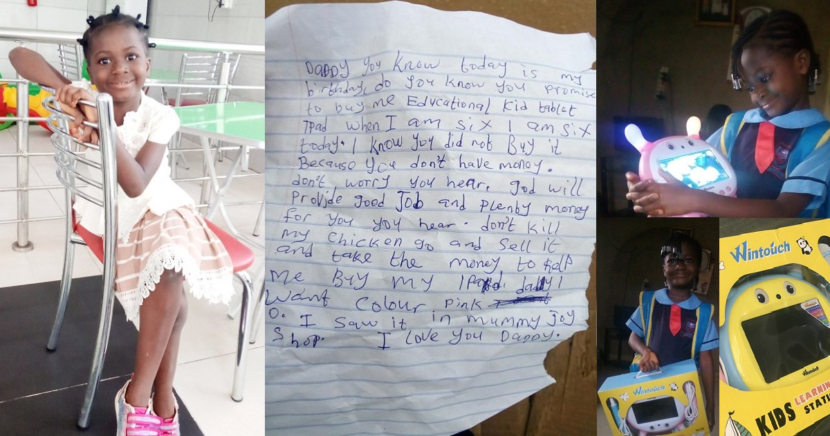 Six-year-old girl who wrote a touching letter to her dad because he couldn’t afford to buy birthday gift for her finally gets her dream tablet (Photos/Video)