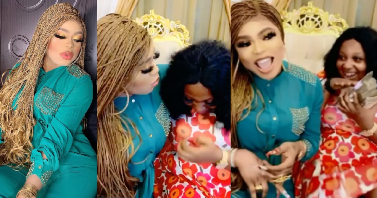Bobrisky finally meets fan who was allegedly beaten up for tattooing his face on her back; gives her money