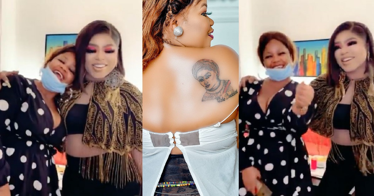 Bobrisky finally meets lady who tattooed his face on her back (video)