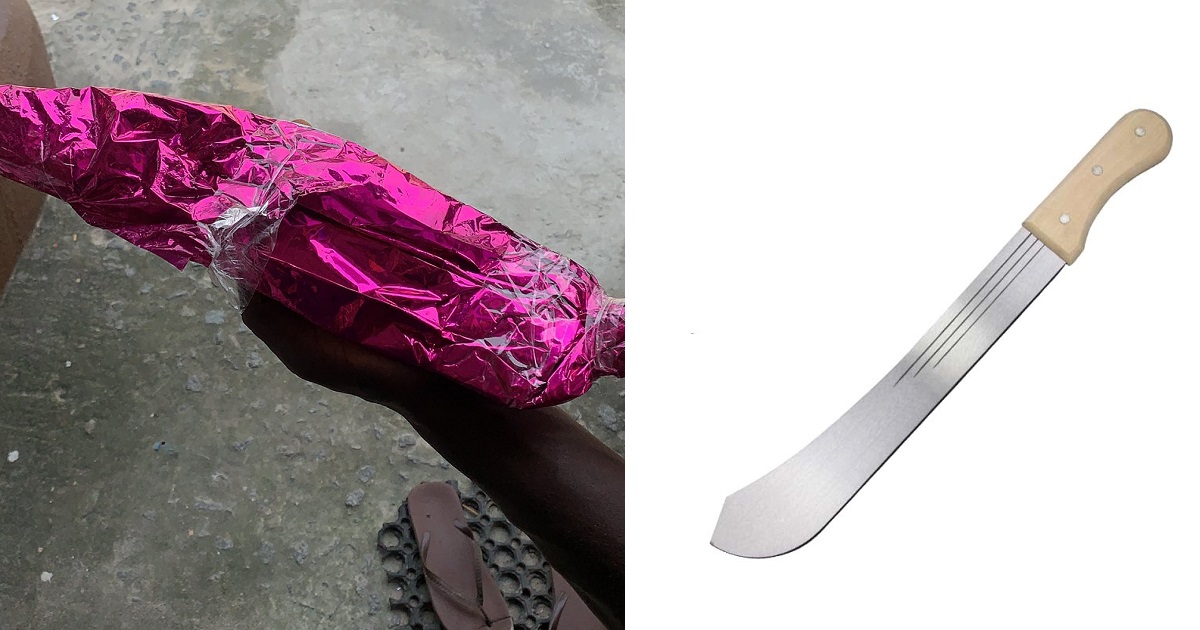 Bride receives wrapped cutlass as a wedding gift