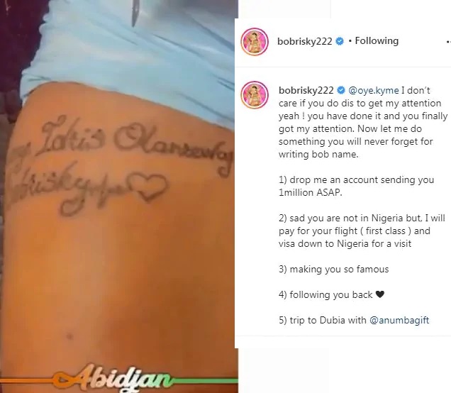 Dispatch 3 Bobrisky Gifts Another Fan N1 Million For Tattooing His Full Name On Her Body