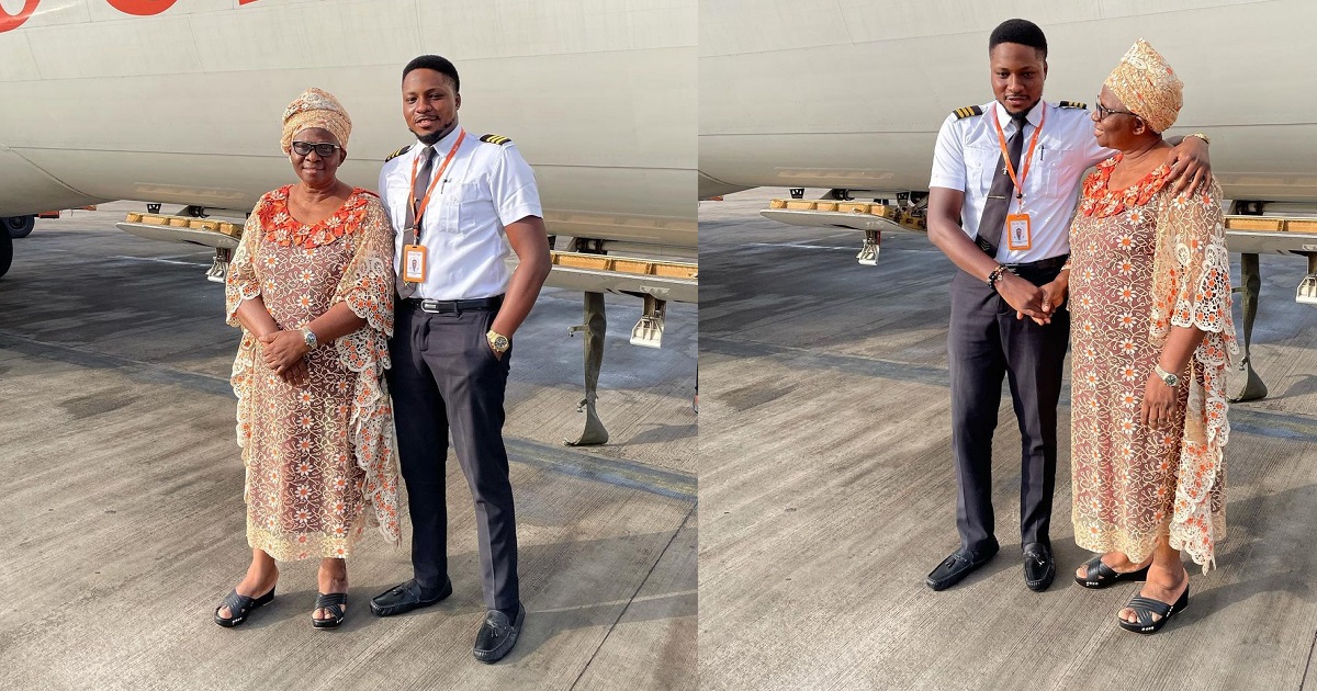 Young Pilot celebrates after safely flying his mother to her destination.