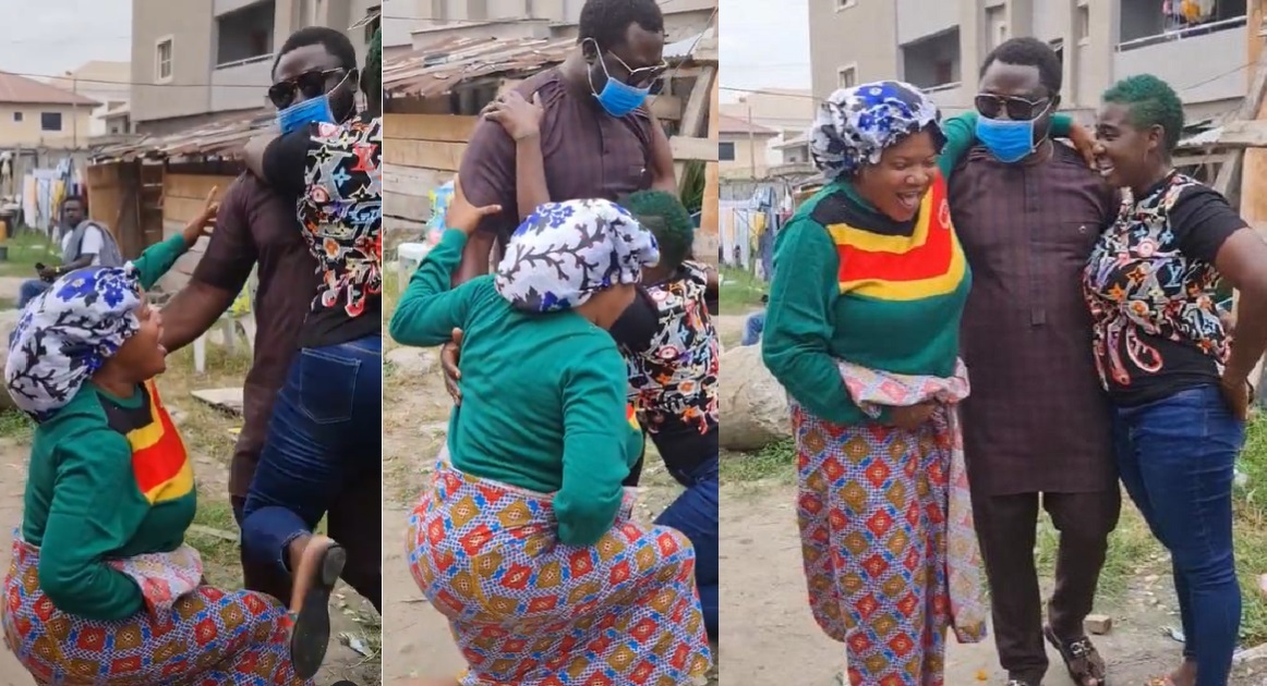 Moment Actress Toyin Abraham knelt down to greet Mercy Johnson’s husband, Prince Okojie.