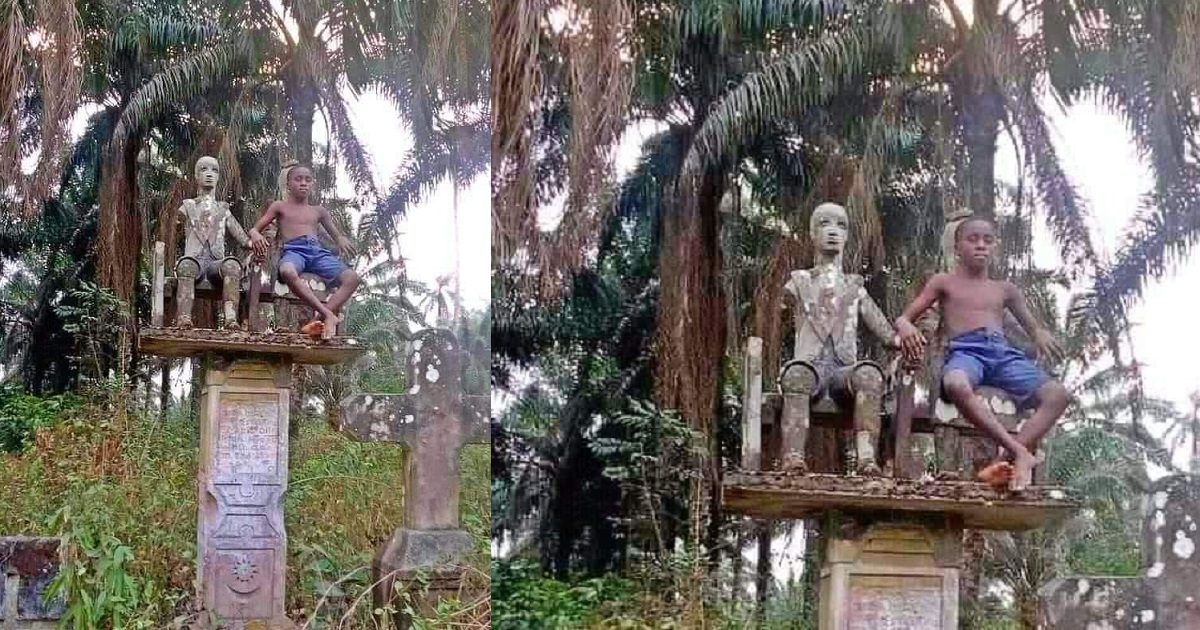 “The next generation will have no regard for the ‘gods'” – Nigerian pastor says as he shares photo of a boy sitting beside a deity in a shrine