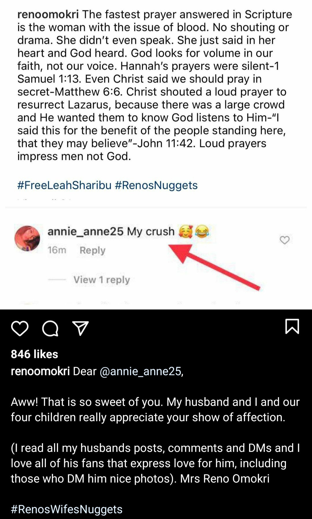 Reno Omokri's wife replies