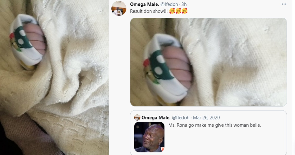”Result don show”- Nigerian man who wrote in March 2020 that COVID-19 pandemic will make him get his wife pregnant welcomes a baby