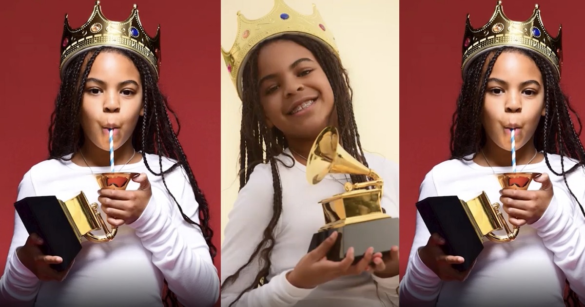 Blue Ivy pictured drinking from her Grammy Award plaque