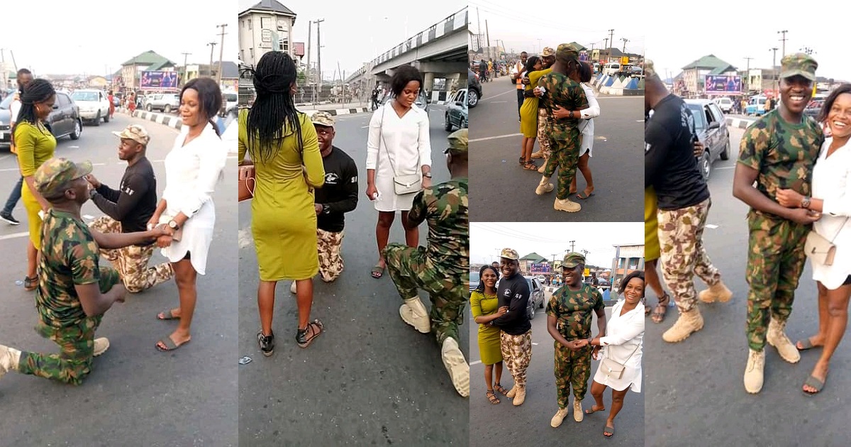 Lovely moment Nigerian soldiers kneel down to propose to their girlfriends; the ladies said YES! (Photos)