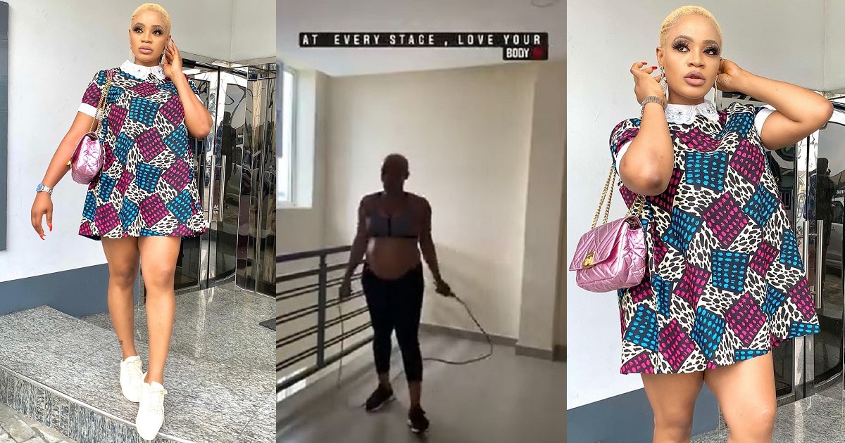 “Love your body at every stage” – Actress, Uche Ogbodo says as she flaunts baby bump during work-out session (Video)