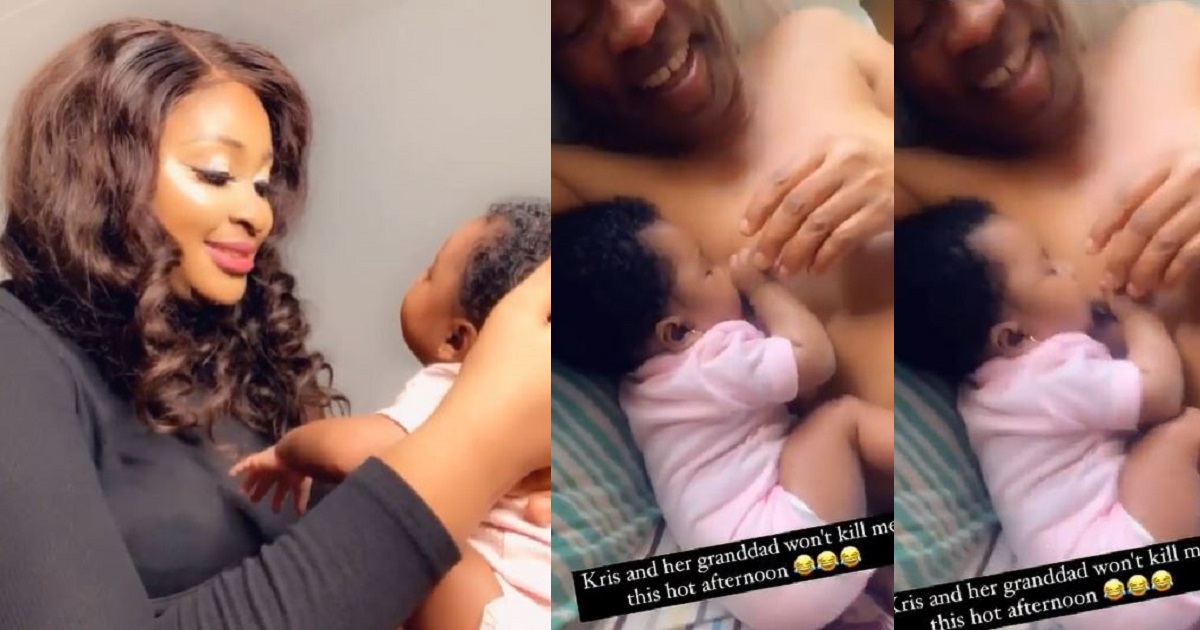 “That’s how molestation starts” – Nigerians drags Etinosa after she shared a video of her daughter struggling to suck her grandfather’s breast