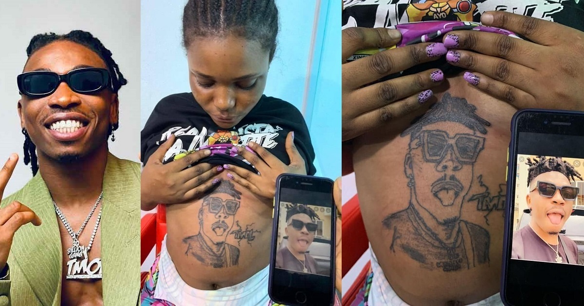 Mayorkun expresses shock after pregnant lady tattooed him on her baby bump
