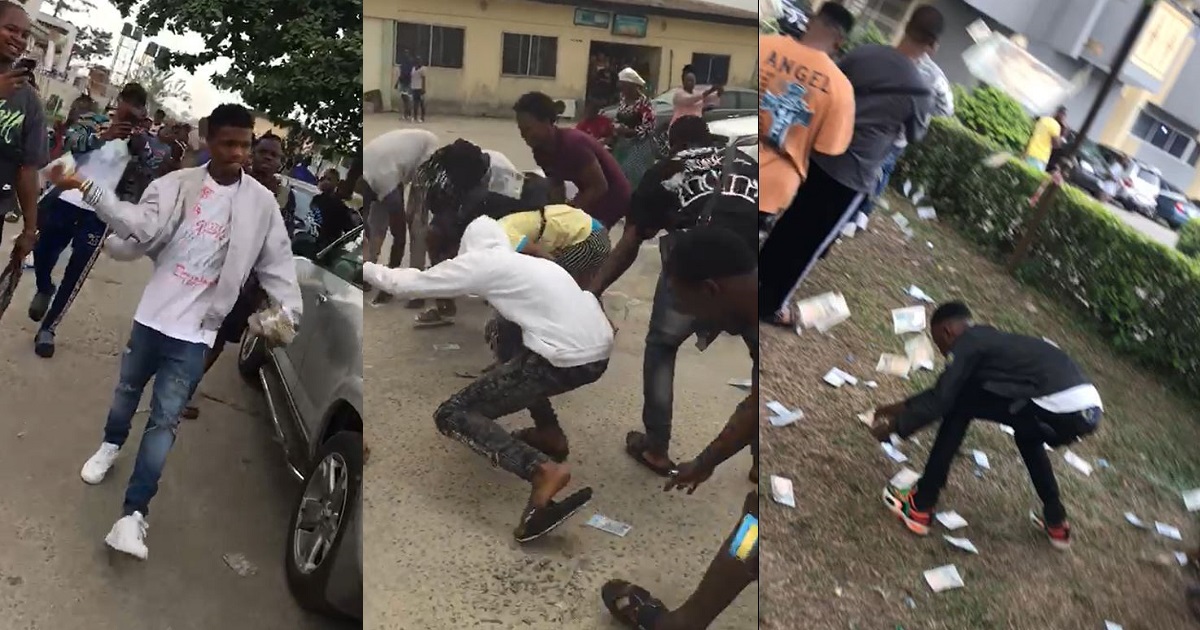 Suspected yahoo boy sprays stash of Naira notes after final exams as other students struggle to pick (Video)