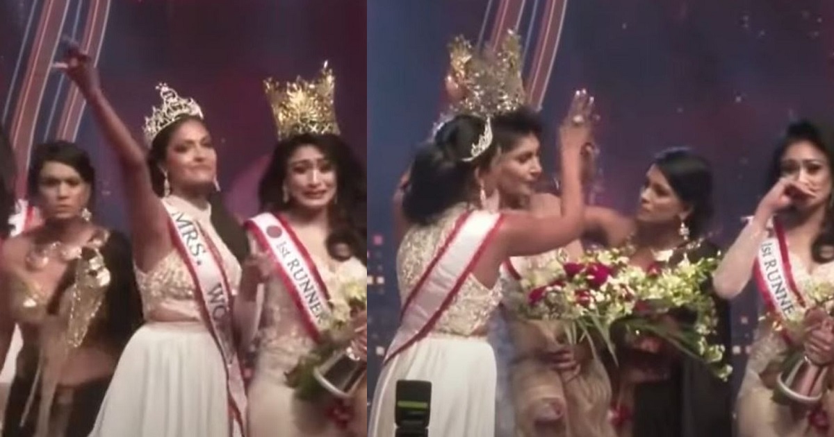 Watch beauty queen lose her crown after it’s ‘snatched’ off her head on stage by Mrs. World over divorce claims (Video)