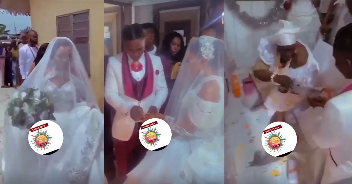 Couple holds their white wedding inside bride’s mother’s shrine in Delta State (Video)