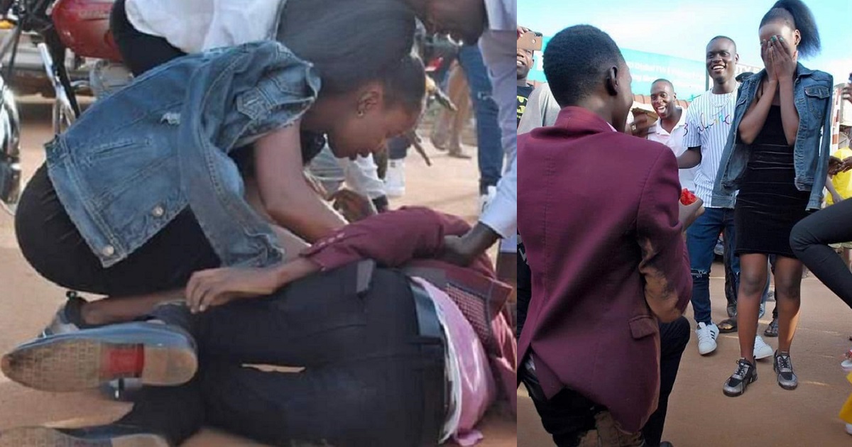 Man in suit rolls on the ground as a disguise to propose to his heartthrob