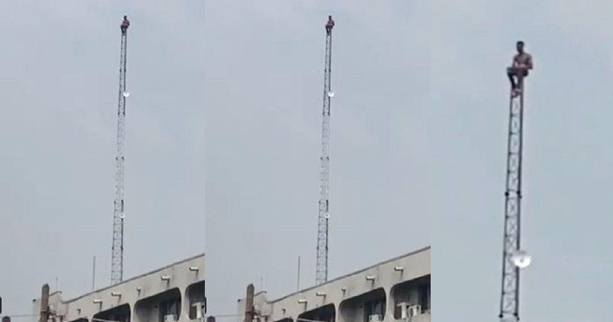 Troubled man spotted on a telecommunications mast in Lagos (video)