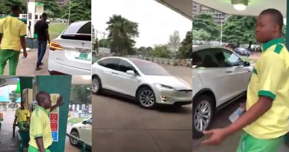 Funny moment a Nigerian Man pranked a Petrol Attendant by taking his Tesla Electric Car to Buy Fuel at Filling Station in Lagos